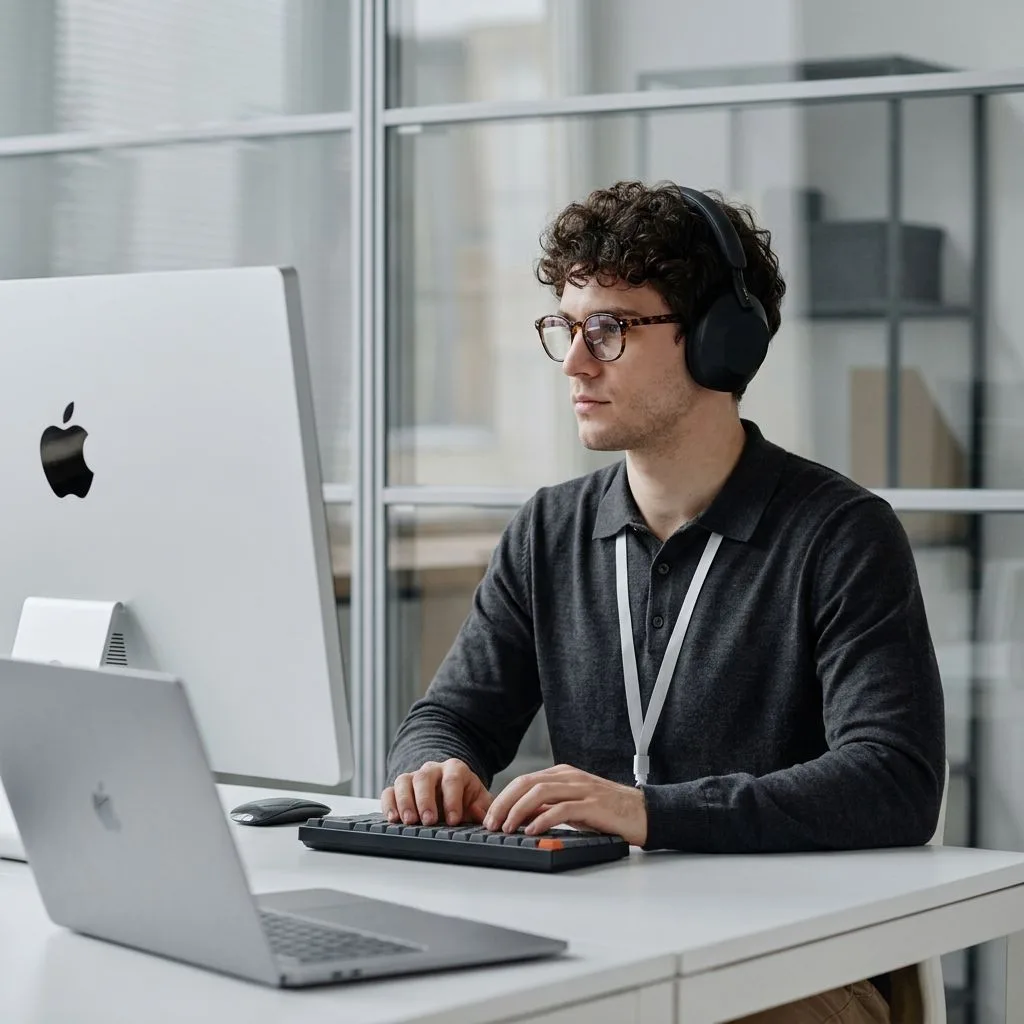 A developer in headphones working at a desk with a desktop computer and a laptop